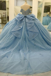 Baby Blue Ball Gown Off-Shoulder Beaded Tulle Quinceanera Dress with 3D Floral Appliques & Sparkly Tiered Skirt for Sweet 16 & Formal Events